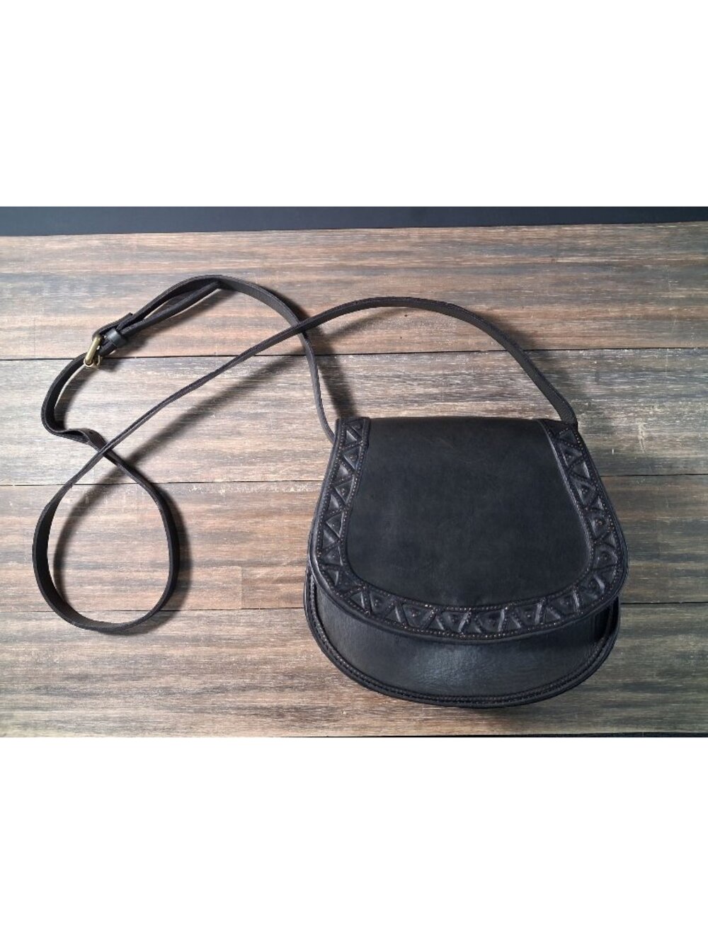 Lucky Brand Black Leather Saddle Bag Crossbody Shoulder Purse Flap Boho